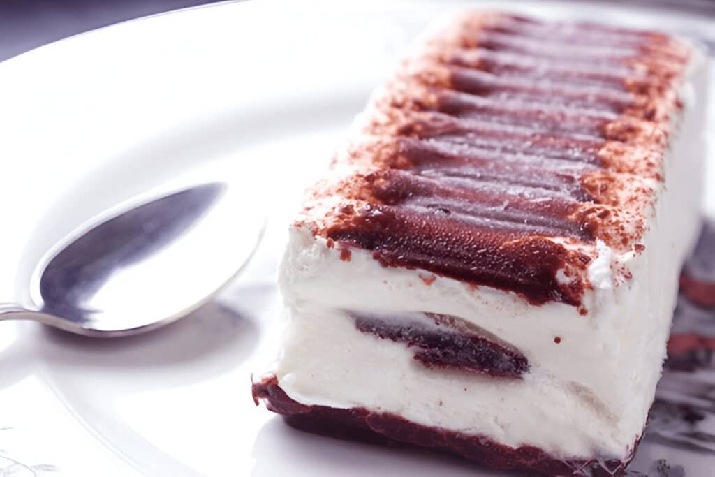 Ice cream sandwich cake with layers of vanilla and chocolate on a decorative plate