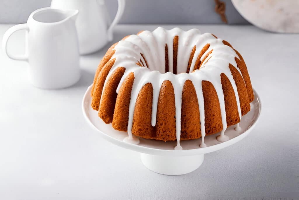 Glazed bundt cake on a white pedestal stand