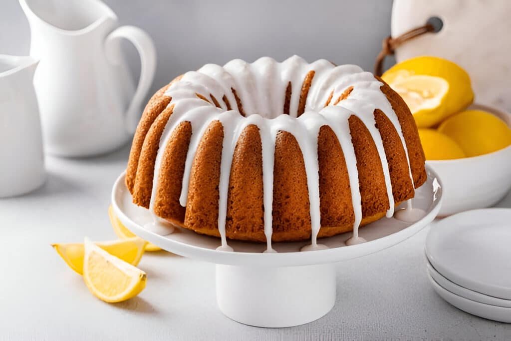 Lemon bundt cake with white icing glaze