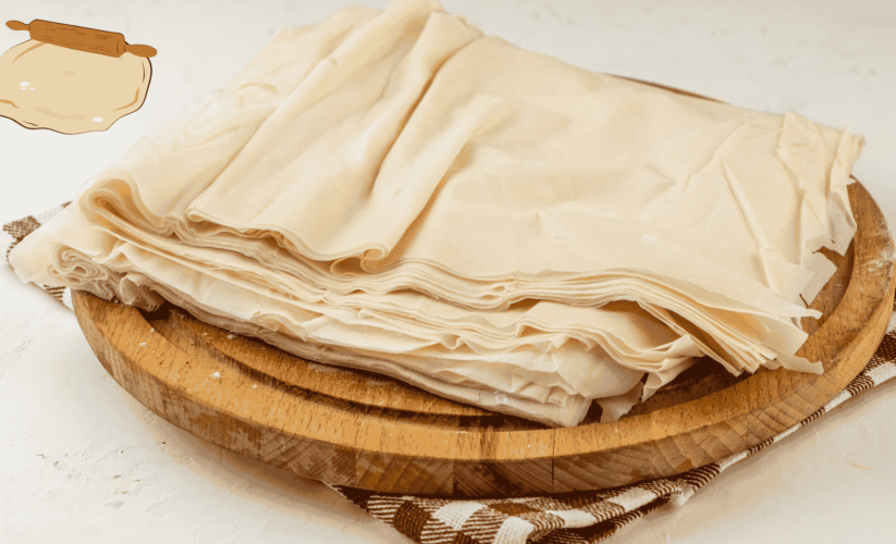 Stack of filo dough sheets on a wooden board, perfect for Greek desserts.