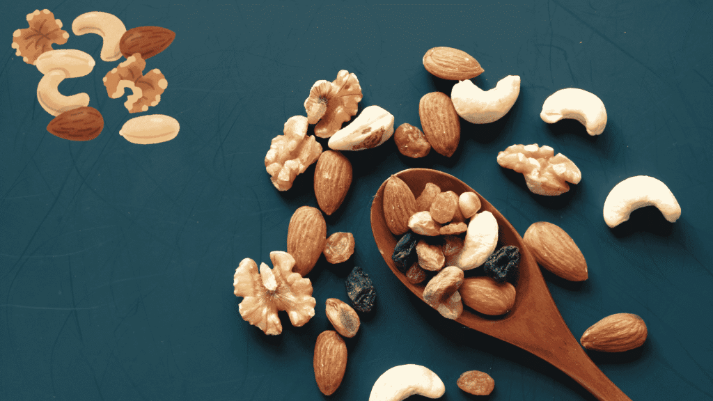 Assorted nuts and dried fruits on a wooden spoon, ideal for baklava.