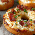 Close-up of toasted bagels topped with creamy cheese, crispy bacon, and fresh chives, perfect for a savory breakfast.
