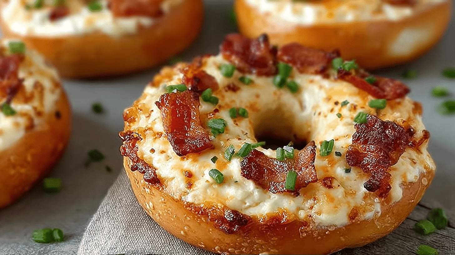Close-up of toasted bagels topped with creamy cheese, crispy bacon, and fresh chives, perfect for a savory breakfast.