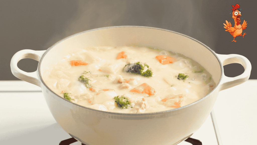 Creamy chicken pot pie soup simmering in a white Dutch oven with vegetables.