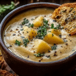 Creamy potato soup with cheddar, garlic, herbs, and toasted bread.