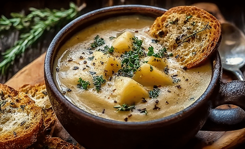 Creamy potato soup with cheddar, garlic, herbs, and toasted bread.