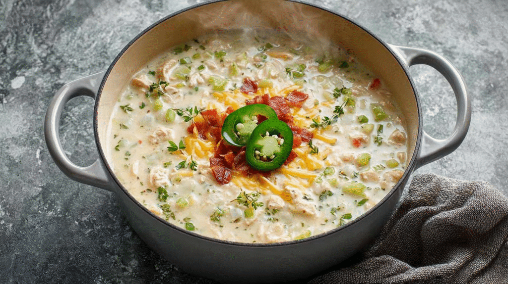 Creamy Jalapeño Popper Chicken Soup topped with crispy bacon, shredded cheese, and sliced jalapeños in a gray pot.