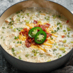 Creamy Jalapeño Popper Chicken Soup topped with crispy bacon, shredded cheese, and sliced jalapeños in a gray pot.
