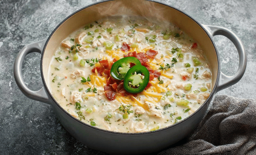 Creamy Jalapeño Popper Chicken Soup topped with crispy bacon, shredded cheese, and sliced jalapeños in a gray pot.