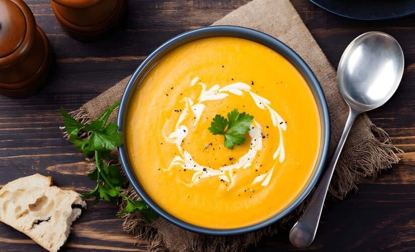 Bowl of creamy pumpkin soup with cream swirl and parsley on dark wooden table.