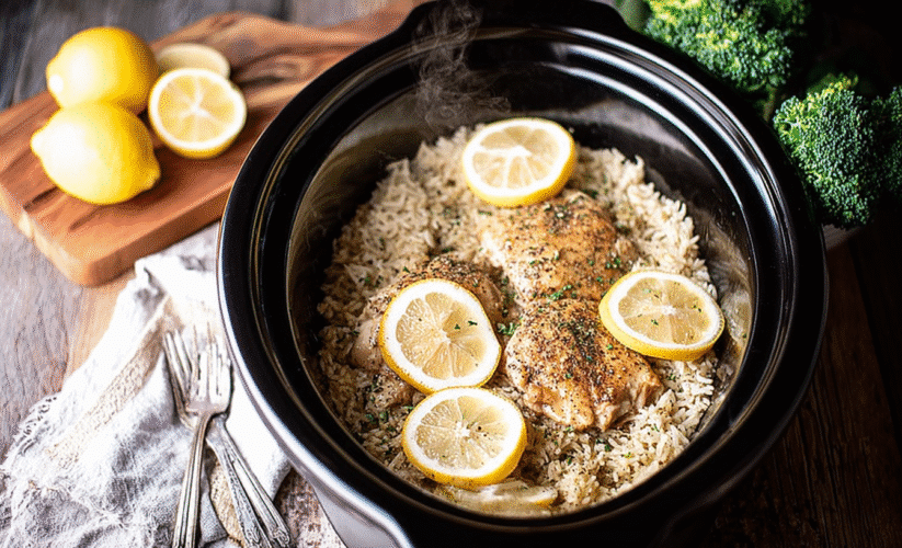 Slow cooker lemon pepper chicken with rice topped with lemon slices, served in a black crockpot with steam rising, surrounded by fresh lemons and broccoli.