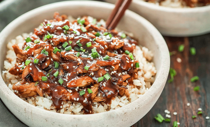 Slow cooker teriyaki chicken served over white rice, topped with sesame seeds and chopped green onions in a ceramic bowl.