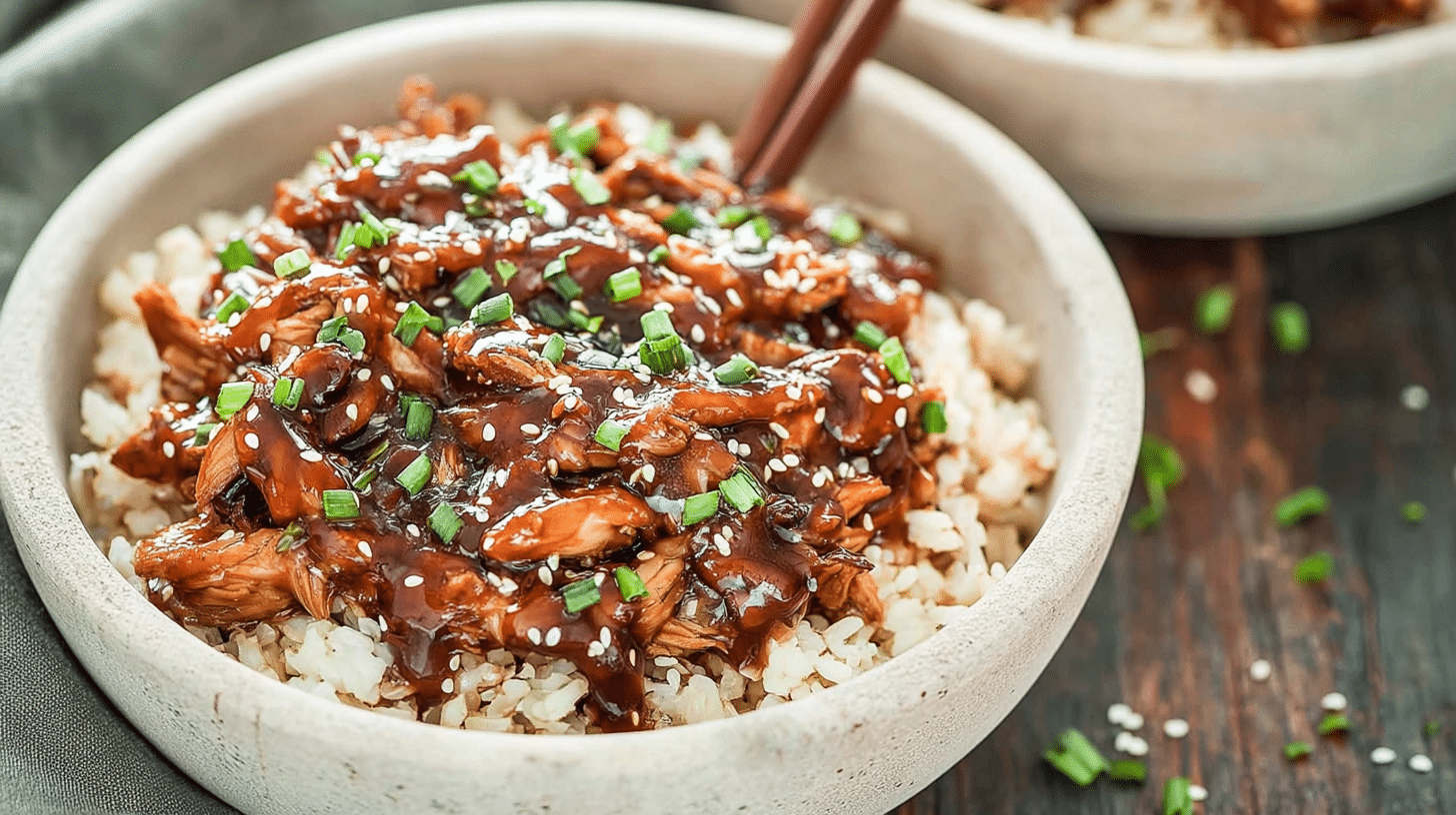 Slow cooker teriyaki chicken served over white rice, topped with sesame seeds and chopped green onions in a ceramic bowl.