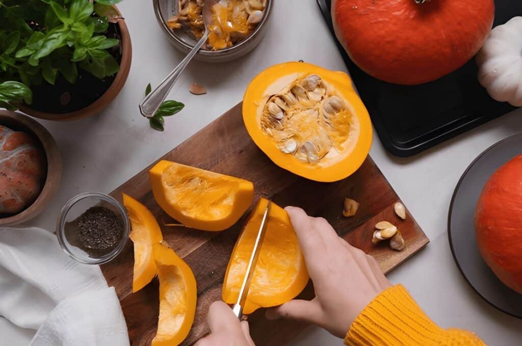 Hands cutting fresh pumpkin slices on a wooden board surrounded by herbs and seeds.