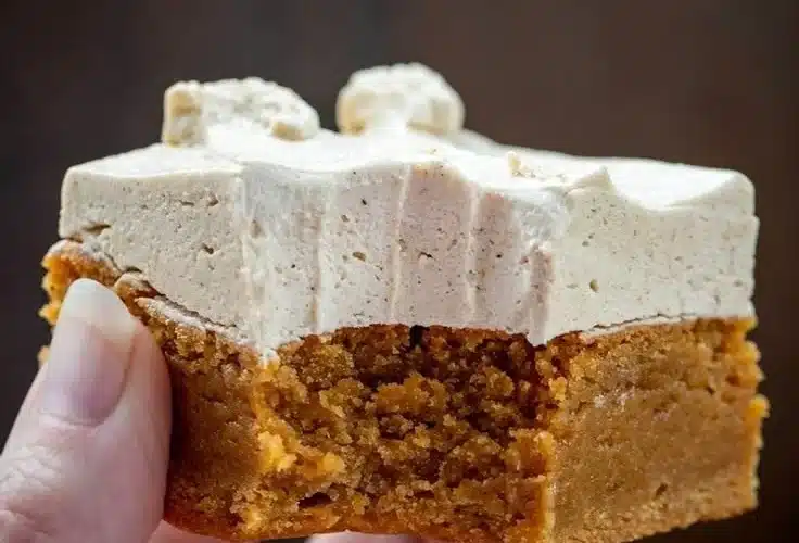 Delicious brownies topped with smooth silky frosting on a plate