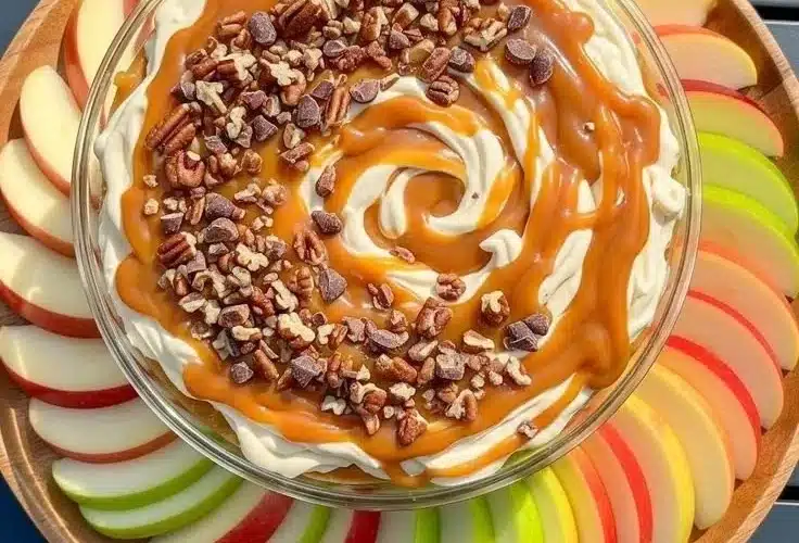 Delicious Caramel Apple Cheesecake Dip served with fruit and graham crackers