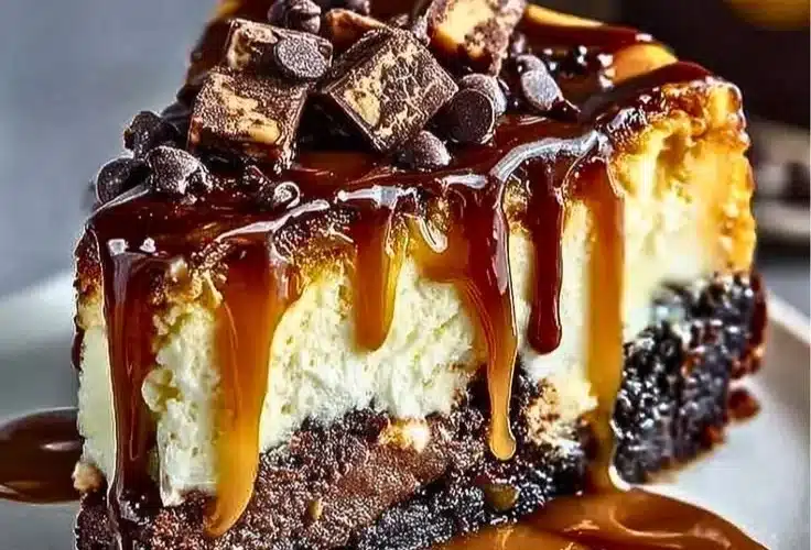 Delicious caramel brownie cheesecake slice on a plate