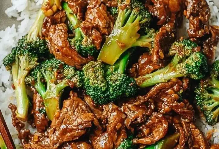 Delicious Chinese beef and broccoli dish served with rice.