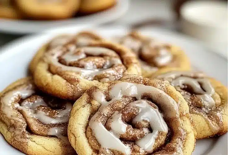 Freshly baked Cinnamon Roll Cookies with icing on a plate