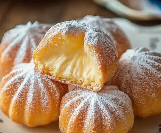 Delicious cream-filled Bomboloni dusted with sugar on a plate