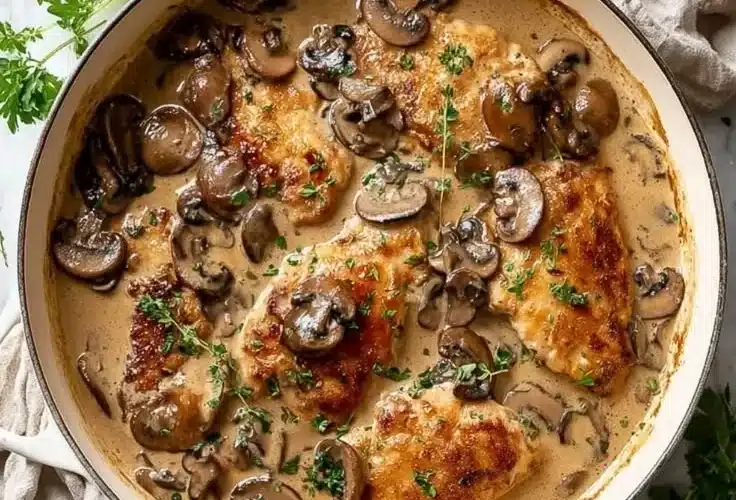 Creamy mushroom chicken served with fresh parsley on a white plate