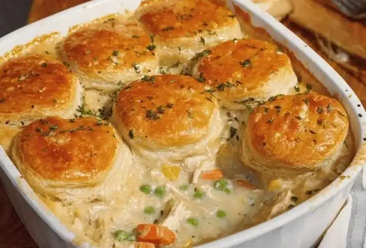 Easy homemade chicken pot pie casserole served in a baking dish