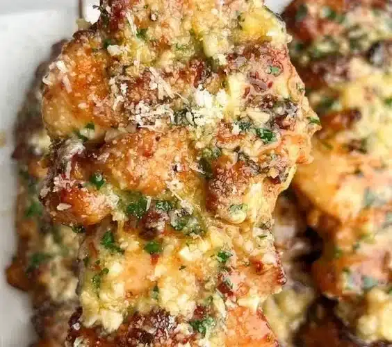 Garlic Parmesan Chicken Skewers served with a fresh garnish.