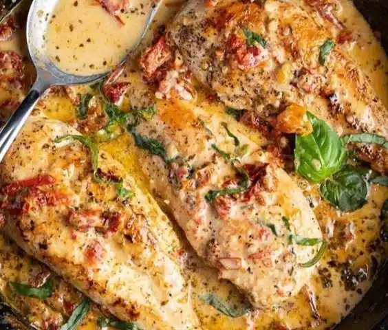 Delicious plate of Marry Me Chicken with creamy sauce and herbs
