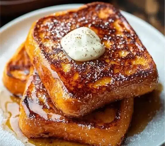 Delicious Pumpkin French Toast topped with maple syrup and whipped cream