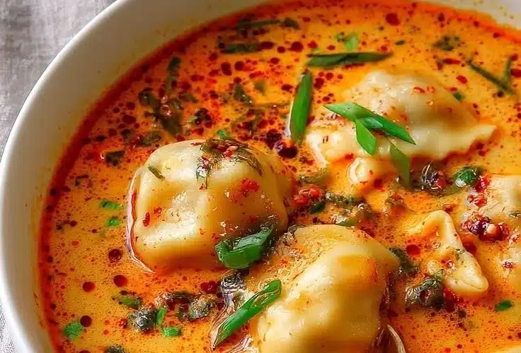 Bowl of Quick Coconut Curry Soup with Dumplings, garnished with fresh herbs