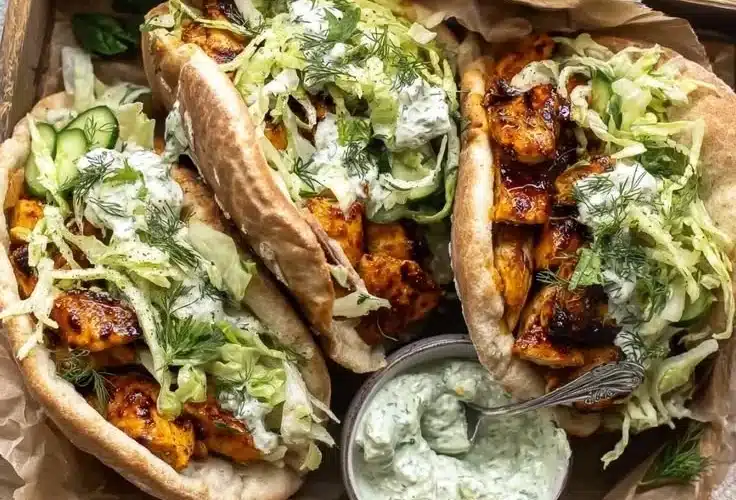 Sheet pan chicken pitas topped with herby ranch dressing.