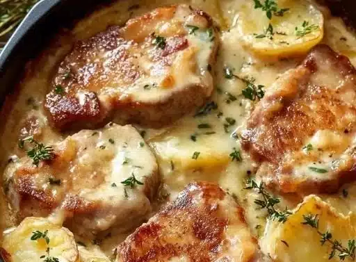 Smothered Pork Chop Casserole with scalloped potatoes on a plate
