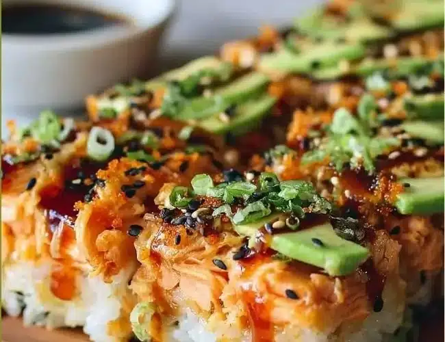 Baked spicy salmon sushi in a ceramic dish with green onions