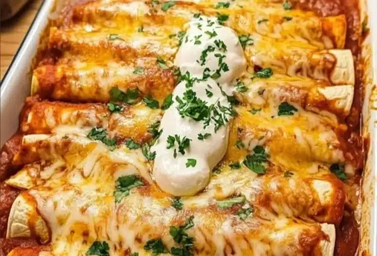 Delicious chicken enchiladas topped with cheese and served with salsa