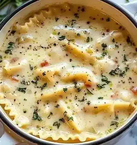 Delicious White Lasagna Soup served in a bowl with fresh ingredients