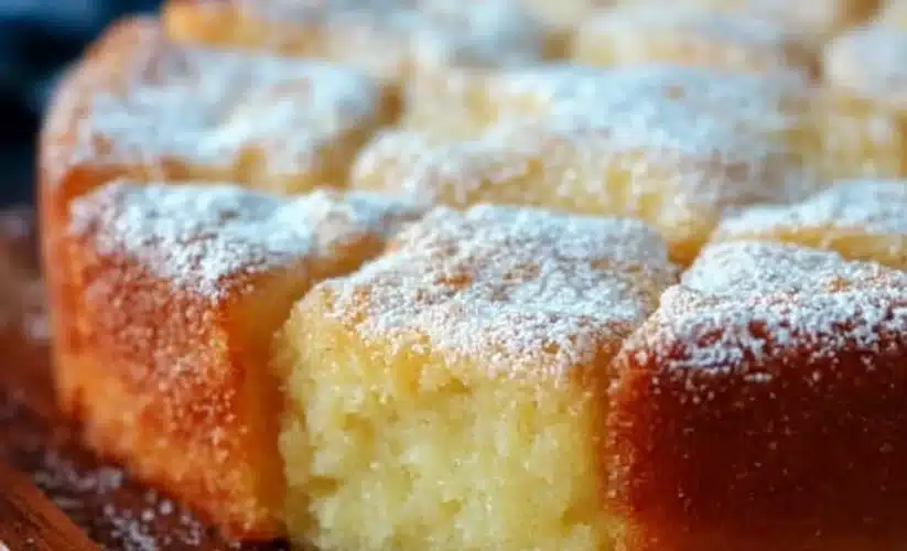 Deliciously baked French butter cake topped with berries and powdered sugar