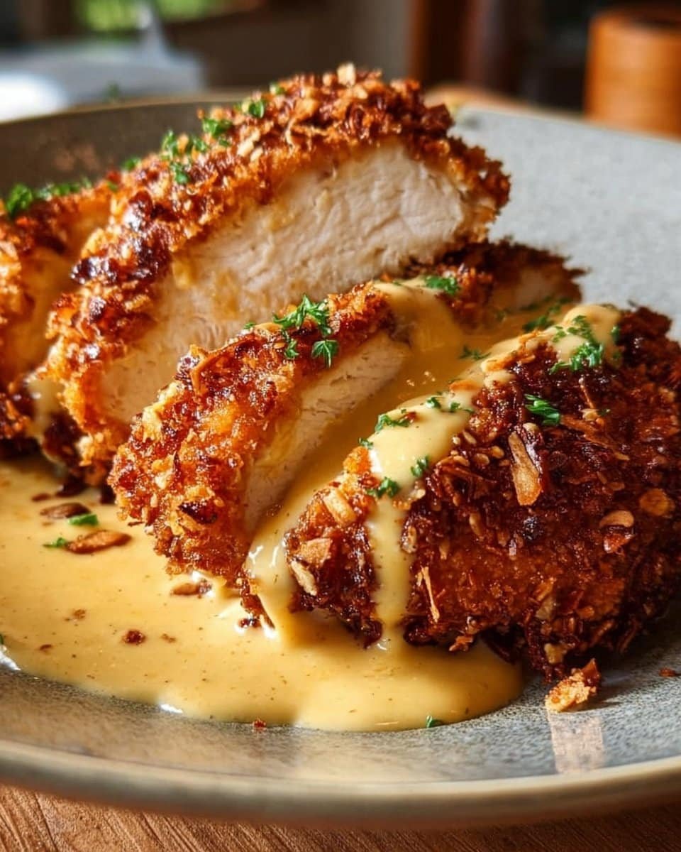 Pretzel-Crusted Chicken with Mustard-Cheddar Sauce