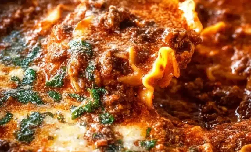 Delicious one-pot lasagna soup served in a bowl with cheese and herbs