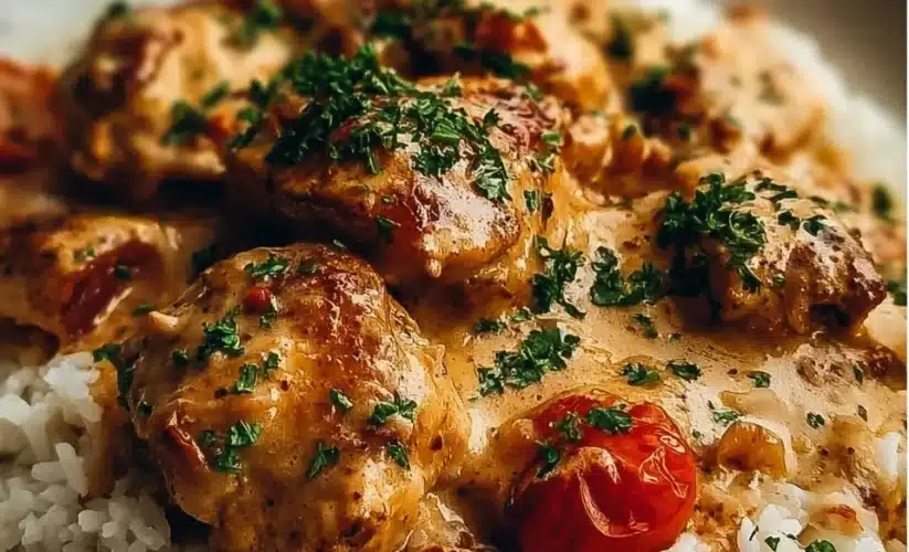 Delicious smothered chicken served over rice with savory sauce