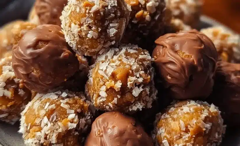 Homemade Butterfinger Bliss Balls on a plate, showcasing their delicious chocolate-covered exterior.