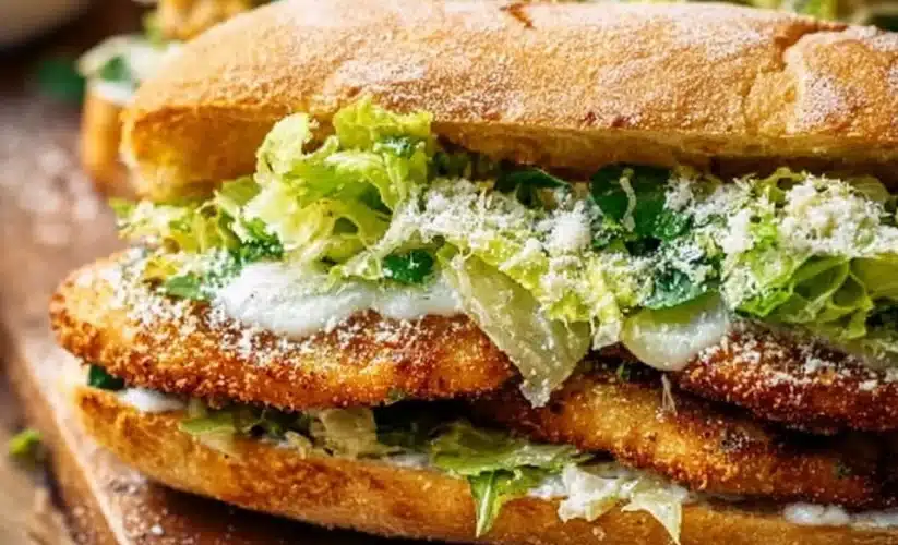 Delicious Chicken Caesar Sandwich with crispy chicken, Caesar salad, and Parmesan cheese.