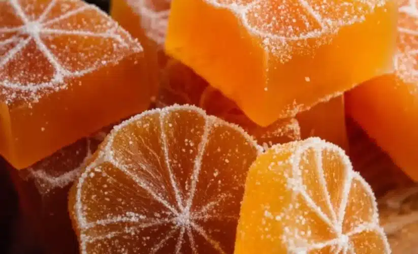 Classic homemade orange candy on a table, showcasing vibrant color and texture.