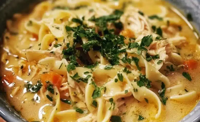 Delicious bowl of Crack Chicken Noodle Soup ready to serve