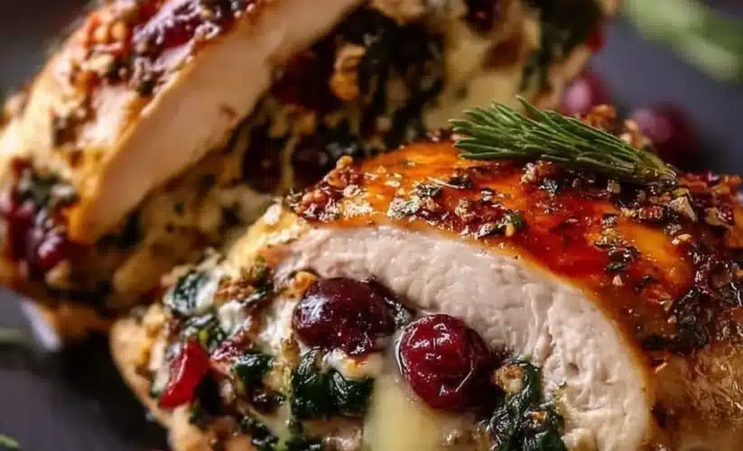 Cranberry and spinach stuffed chicken breast with melted brie cheese