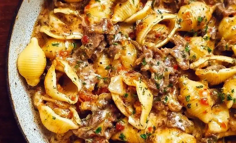 Creamy beef and shells dish served in a bowl with cheese and herbs