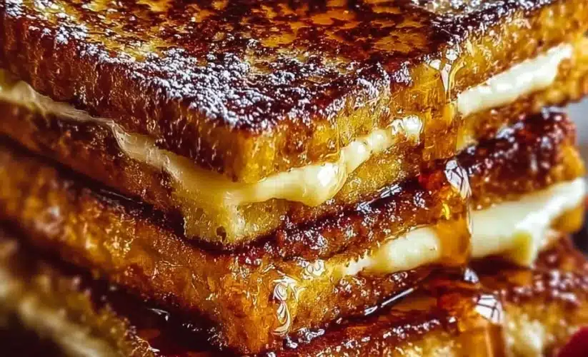 Crème brûlée French toast with caramelized sugar topping and fresh berries.