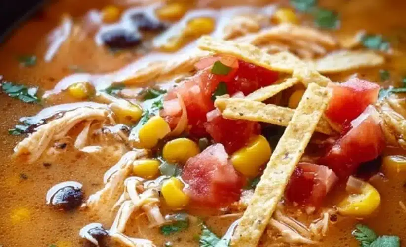 Bowl of delicious Crockpot Chicken Tortilla Soup garnished with fresh cilantro and tortilla strips