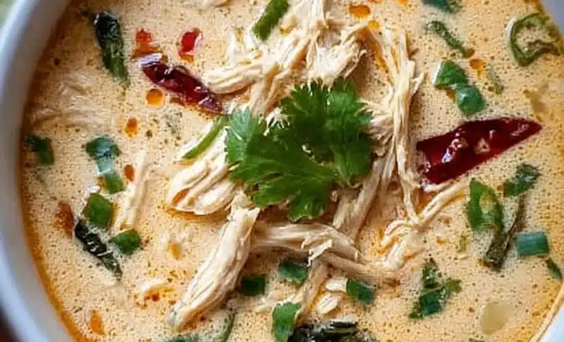 Bowl of Crockpot Thai Coconut Chicken Soup garnished with herbs