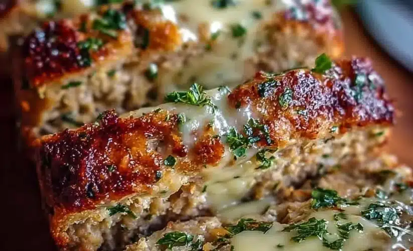 Garlic Parmesan Chicken Meatloaf garnished with fresh herbs
