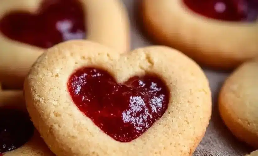 Heart Jam Cookies with berry filling on a rustic wooden surface